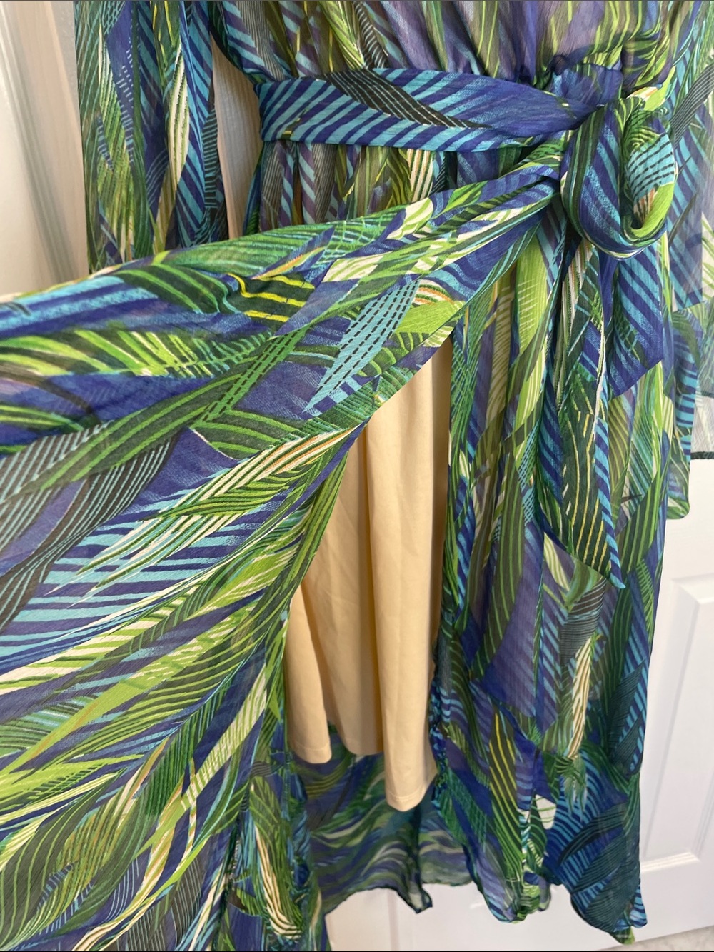 UNE AME BLUE GREEN LEAF TROPICAL PRINT FAUX WRAP HI-LOW MAXI DRESS SZ XL - Picture 8 of 13